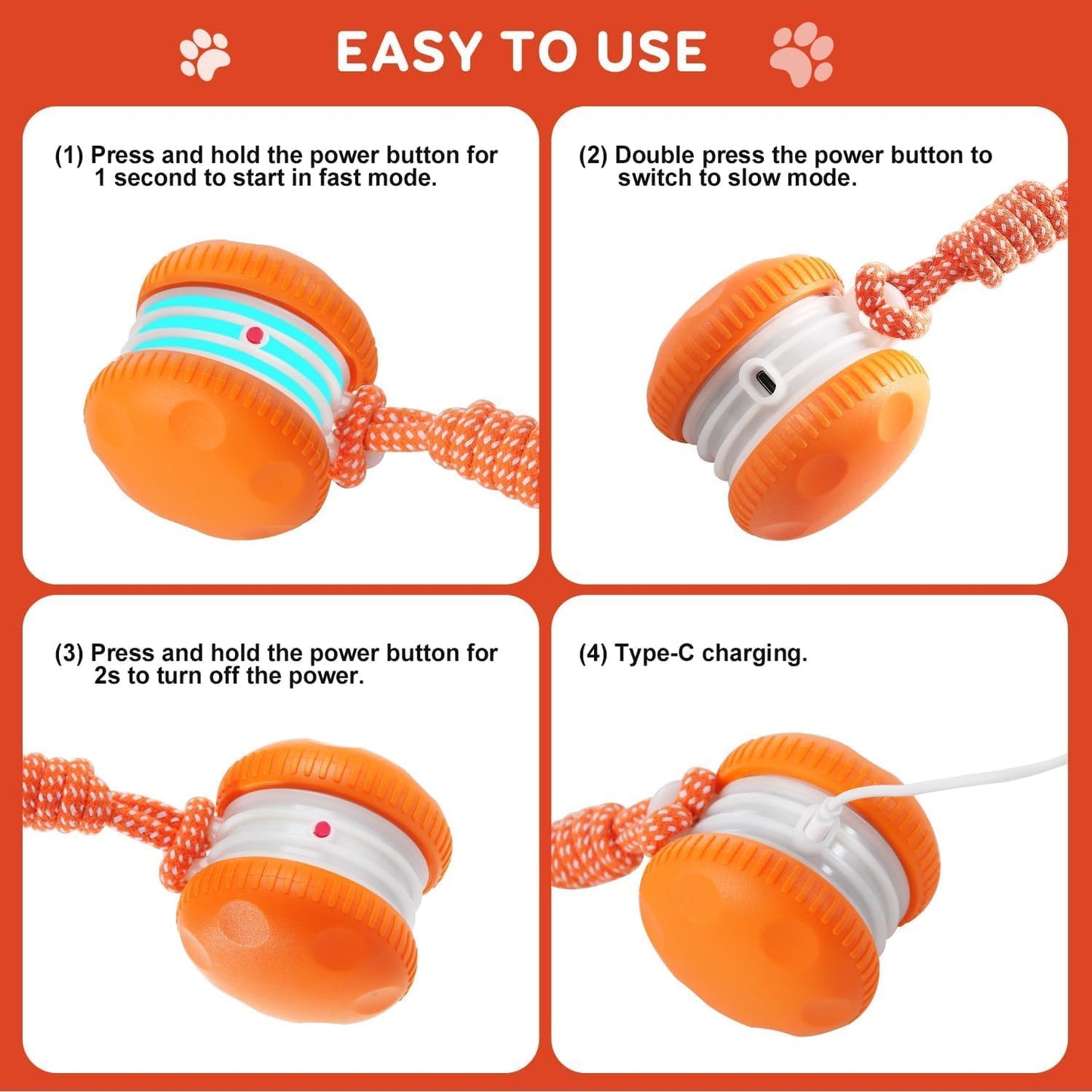 Interactive Dog Toys, Random Path Electric Automatic Moving and Rolling Dogs Toy with Rope for Small Medium Large Dogs, Motion-Activated Dog Stimulation Toy for Boredom Relief (Orange)